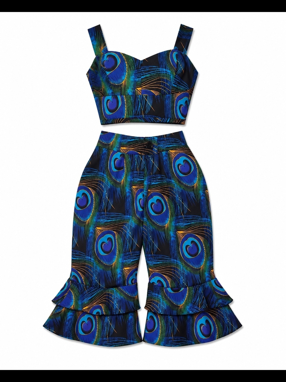 Peacock-Print Wide Leg Ruffle Pants Set - Blue & Green